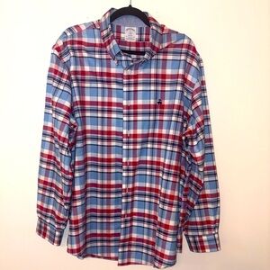Brooks Brothers XXL Red White Blue Plaid Regent Collared Long Sleeve Shirt